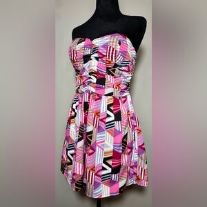 Bar III, Geometric Print Strapless Romper with Pockets, Pink & Purple Size Large
